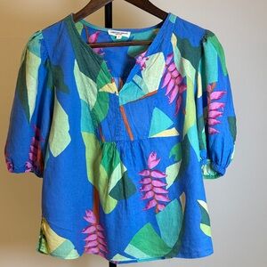 Christian Siriano Linen Blend Vibrant Blue Tropical Puff-Sleeve Blouse. Size L